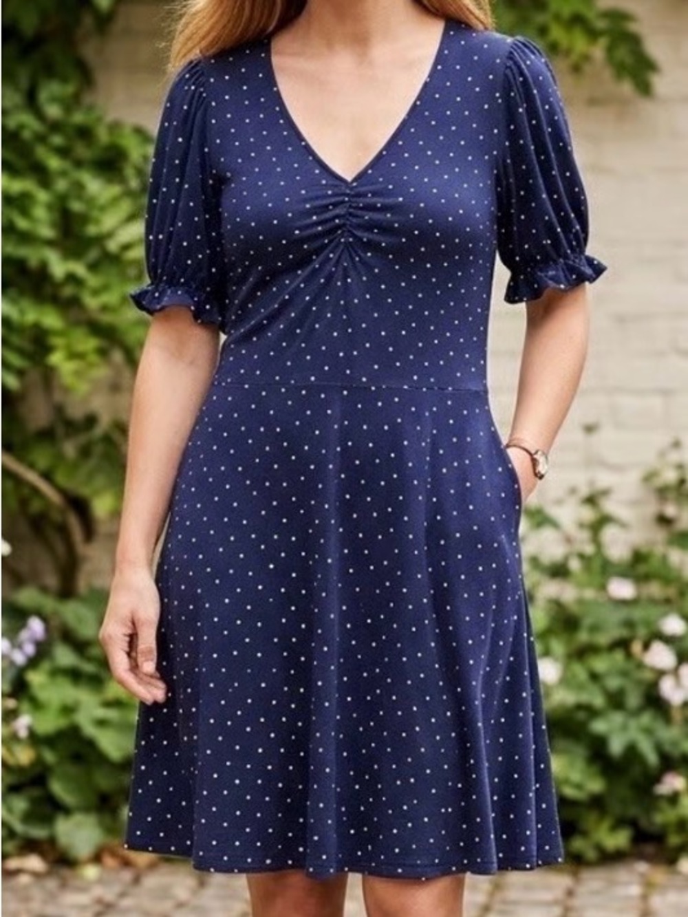 Boden Navy Polka Dot V-Neck Midi Puff Sleeve Dress Size 6R
